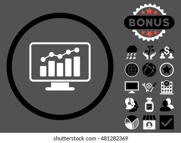 Chart Monitoring icon with bonus. Vector illustration style is flat iconic bicolor symbols, black and white colors, gray background.