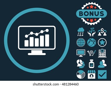 Chart Monitoring icon with bonus. Vector illustration style is flat iconic bicolor symbols, blue and white colors, dark blue background.