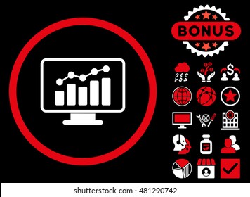 Chart Monitoring icon with bonus. Vector illustration style is flat iconic bicolor symbols, red and white colors, black background.