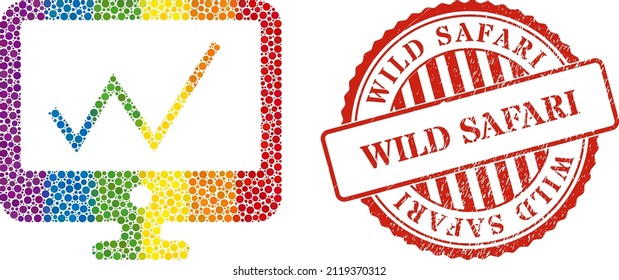 Chart monitoring mosaic icon of circle elements in various sizes and rainbow colored shades. Red round grunge seal with Wild Safari phrase. A dotted LGBT- colored chart monitoring for lesbians, gays,