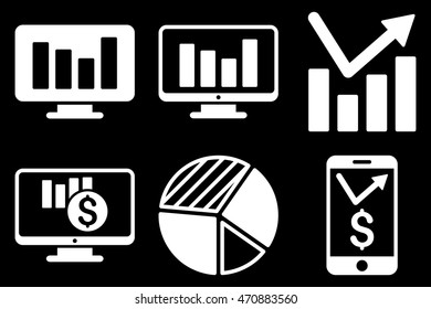 Chart Monitoring vector icons. Pictogram style is white flat icons with rounded angles on a black background.