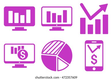 Chart Monitoring vector icons. Pictogram style is violet flat icons with rounded angles on a white background.