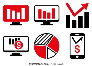 Chart Monitoring vector icons. Pictogram style is bicolor intensive red and black flat icons with rounded angles on a white background.