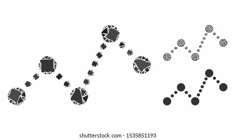 Chart mosaic of ragged pieces in variable sizes and color hues, based on chart icon. Vector ragged dots are organized into collage. Chart icons collage with dotted pattern.