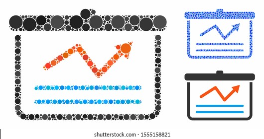 Chart mosaic of small circles in various sizes and color tints, based on chart icon. Vector small circles are united into blue mosaic. Dotted chart icon in usual and blue versions.