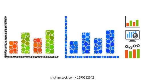Chart mosaic of small circles in various sizes and color tones, based on chart icon. Vector small circles are grouped into blue composition. Dotted chart icon in usual and blue versions.