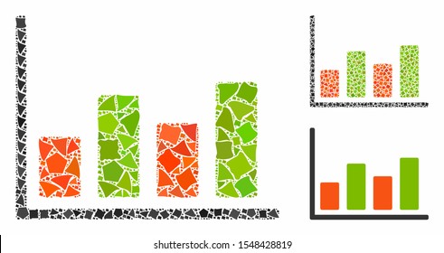 Chart mosaic of uneven elements in variable sizes and shades, based on chart icon. Vector ragged elements are combined into mosaic. Chart icons collage with dotted pattern.