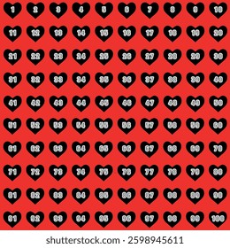 Chart numbers 1 to 100, Red background with black hearts containing numbers