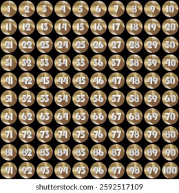 Chart numbers, shiny circle shadow effect 1 to 100 educational counting gold circle