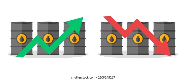 Chart with oil barrel. Price on oil rising and fall. Diagram growth and drop price for barrel. Market crude oil.