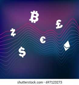 Chart on a dark background. the currency exchange rate. Currency of the world.Dollar, Euro, pound, bitcoin, Ethereum,Zcash