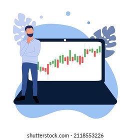 Gráfico sobre el concepto de portátil grande con ilustración plana vectorial de pequeño hombre, adecuado para fondo, banner, ilustración publicitaria. Comercio, negocios, finanzas. Gente analizando el gráfico de datos en la escena