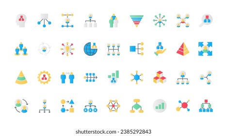 Chart organization flat icons set vector illustration. Hierarchy structure of corporate company department with employees workforce and director, organizational management flowchart.