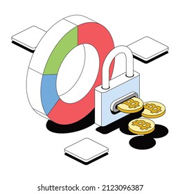 Chart pie, bitcoin coins, lock. Vector 3d sketch line isometric style, color icon illustration. Creative design idea and infographics elements.