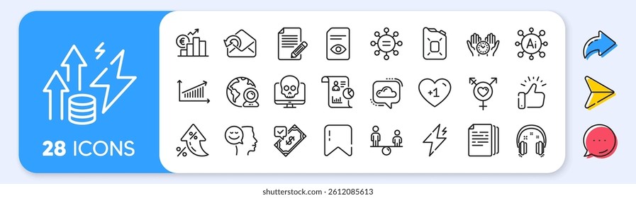 Chart, Power and Cyber attack line icons. Interest rate, AI generate, Inflation icons. Pack of Copy documents, Canister oil, Energy inflation icon. Send mail, Headphones, Safe time pictogram. Vector