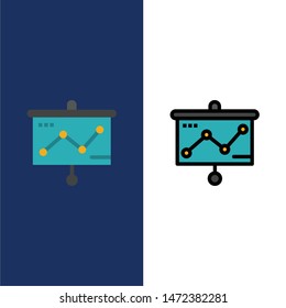 Chart, Presentation, Graph, Projector  Icons. Flat and Line Filled Icon Set Vector Blue Background