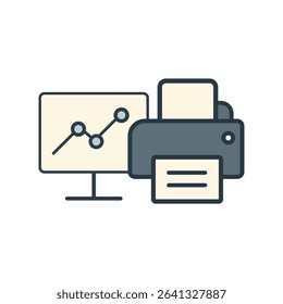 Chart and printer icon pack for office reports, data analysis printing, infographic visualization, workflow design, and business intelligence materials