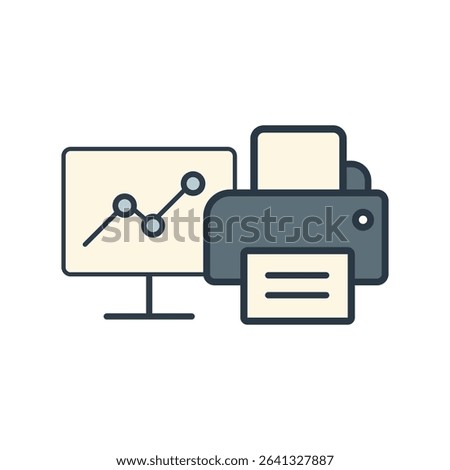 Chart and printer icon pack for office reports, data analysis printing, infographic visualization, workflow design, and business intelligence materials