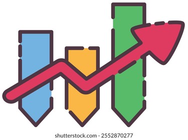 Chart Progress Icon. Flat line color icon of illustrative graph showcasing upward trend, symbolizing business growth and financial success. Colored Outline Icons.