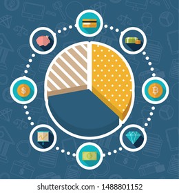 chart report cryptocurrency and dollar finance icons design vector illustration