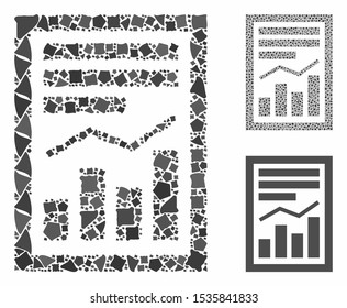 Chart report page mosaic of unequal elements in various sizes and color tinges, based on chart report page icon. Vector irregular elements are combined into collage.