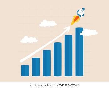 The chart rising with a rocket reflects rapid growth and ambition towards the pinnacle of business success. This illustration signifies positive momentum and courage in facing challenges.