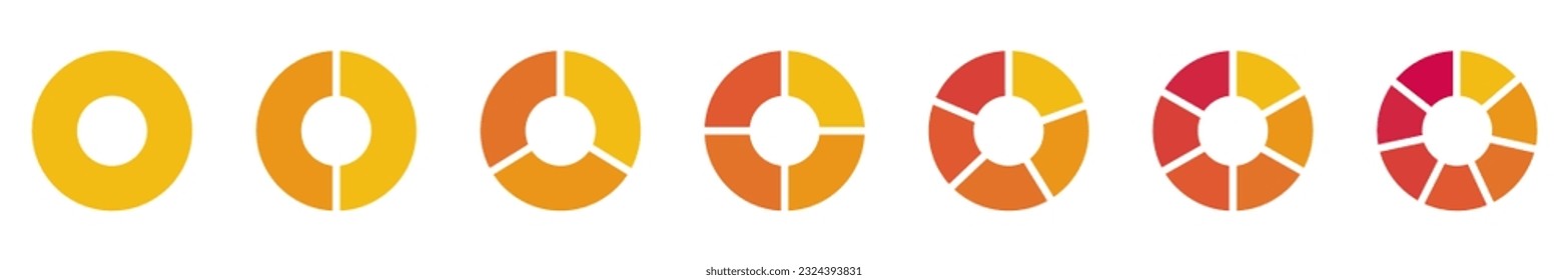 Chart segments collection. Sections and slices pack. Wheel diagrams set in orange color. From 1 to 7 segments of infographic charts. Different phases and stages of cycle. Vector illustration.