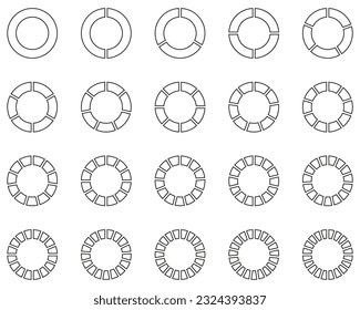 Chart segments collection. Sections and slices pack. From 1 to 20 segments of infographic charts. Different phases and stages of cycle. Vector illustration.