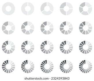 Colección de segmentos de gráfico. Secciones y rodajas. Diagramas de rueda de color gris. De 1 a 20 segmentos de gráficos infográficos. Diferentes fases y etapas del ciclo. Ilustración vectorial.