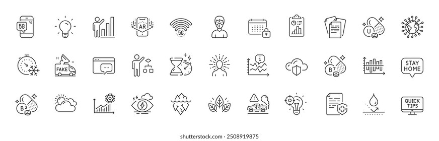 Iconos de gráfico, idea de Seo y línea de documentos. Paquete de teléfono 5g, yoga, icono wifi 5g. Clima soleado, impermeable, pictograma de Iceberg. Diagrama, Escape, Máscara médica. Estrés. Iconos de línea. Vector