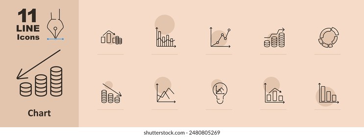 Chart set icon. Bar chart, line, pie, stacked coins, decrease graph, increase graph, statistical chart, Venn diagram, financial, pyramid. Data analysis and statistics