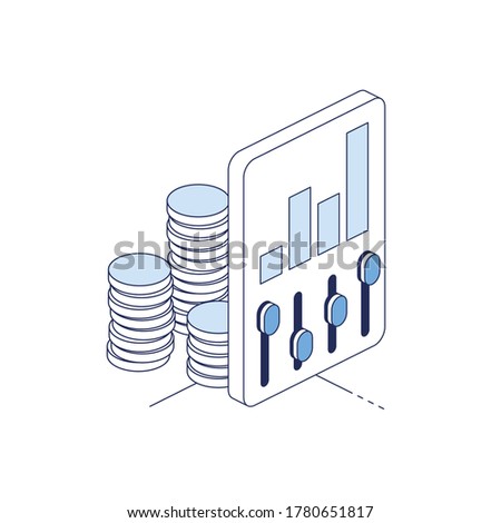 Chart settings money coins. Vector 3d line isometric, color web icons set, new flat style. Creative illustration, idea for infographics.