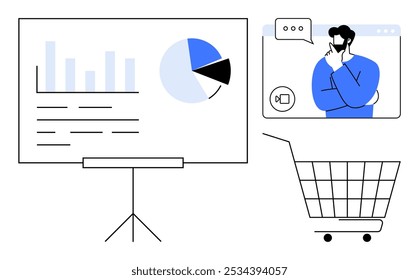 Gráfico que muestra los datos en una pizarra con un gráfico circular y gráfico de barras, un hombre pensando en una ventana emergente de videoconferencia y un Carrito de compras vacío. Ideal para comercio electrónico, reuniones en línea, estrategia de negocios