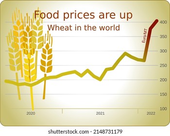 Chart showing the rise of EURO prices in 2019-2022 per ton of wheat on a light background with wheat kernels