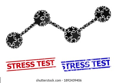 Chart Star Mosaic And Grunge Stress Test Seals. Red And Blue Seals With Rubber Surface And Stress Test Tag. Abstract Chart Collage Is Done With Scattered Flat Star Elements.