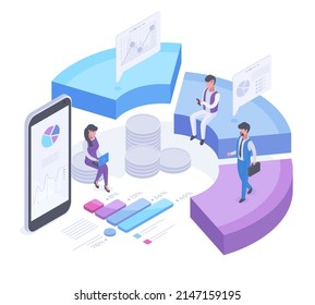Chart statistics analysis, isometric people with business diagram concept. Isometric pie chart statistic, 3d financial analysing chart vector illustration. Pie chart concept