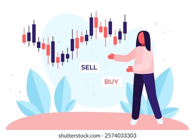 Chart of stock market crypto candlesticks. Female buys and sells on stock exchange, analyzes charts and statistics. Investment trading in the field of cryptocurrencies. Financial analyst