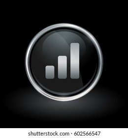 Chart symbol with bar graph progress icon inside round chrome silver and black button emblem on black background. Vector illustration.