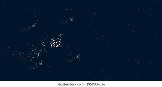 A chart up symbol filled with dots flies through the stars leaving a trail behind. Four small symbols around. Empty space for text on the right. Vector illustration on dark blue background with stars