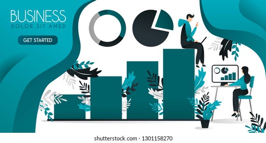 chart tables and statistics. frame for writing. the man who sits above the bar chart and the woman who works below can be use for presentation, web design, banner ui ux, landing page, book cover