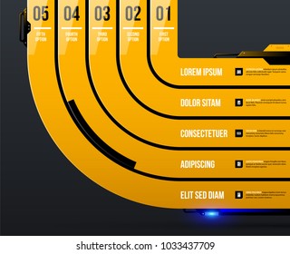 Chart template with five round stripes in yellow industrial techno style on dark gray background