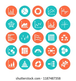 Chart types flat glyph icons. Line graph, column, pie donut diagram, financial report illustrations, infographic. Signs for business statistic, data analysis. Solid silhouette pixel perfect 64x64.