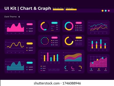 Chart UI elements kit. Diagram for data analysis. Graph isolated vector icon, bar and dashboard template. Web design widget collection for mobile application with dark theme interface