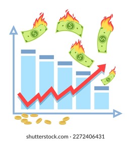 Gráfico con flecha hacia arriba e ilustración vectorial de la quema de dinero. Inflación creciente, dibujos animados de billetes en llamas sobre fondo blanco. Finanzas, economía, inflación, concepto de recesión