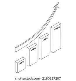 Chart and upward arrow isometric outline isolated on white. Vector design element.