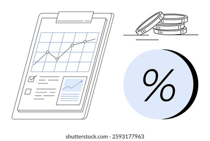 Chart with upward trend on clipboard, stack of coins, and percentage symbol representing financial growth. Ideal for finance, investment, banking, business strategy, economics, savings, market