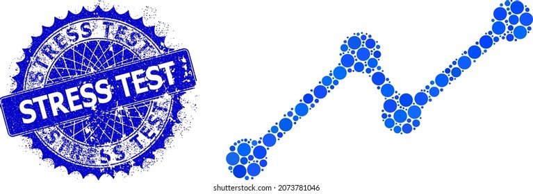 Chart Vector Mosaic Of Circle Dots In Various Sizes And Blue Color Tones, And Distress Stress Test Seal. Blue Round Sharp Rosette Stamp Seal Has Stress Test Text Inside It.