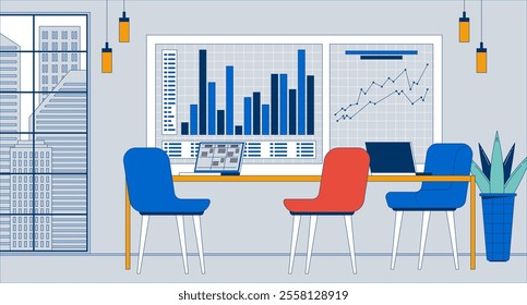 Chart whiteboard conference room empty flat illustration. Office table three chairs 2D interior cartoon background. Project management. Bar graphs, data visualization board scene vector image