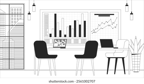 Chart whiteboard conference room empty black and white line illustration. Office table chairs 2D interior monochrome backdrop. Project management. Bar graphs, data visualization board outline vector