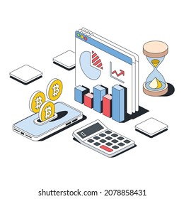 Chart window, bitcoin coins screen smartphone, calculator. Vector 3d sketch line isometric style, color icon illustration. Creative design idea and infographics elements.